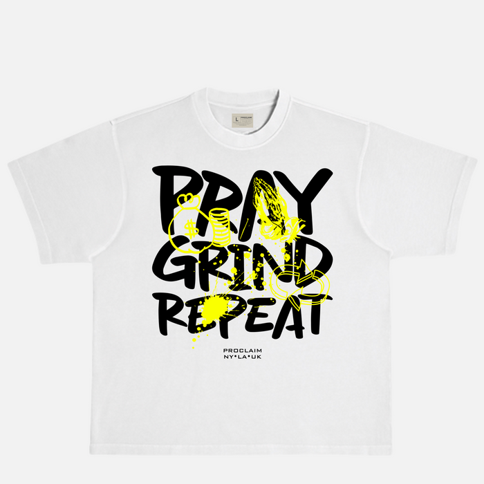 Pray Grind Repeat- White/Black/Yellow Graffiti T-Shirt